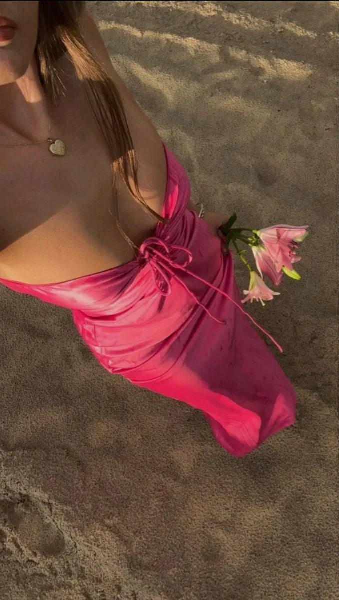 Vestido longo de cerimónia rosa, justo, sem alças Y7803