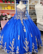Vestido de baile em tule azul real com renda dourada Vestido de 16 anos Y530