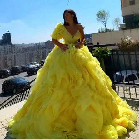 Impresionante vestido largo amarillo de princesa estilo bola Y5833