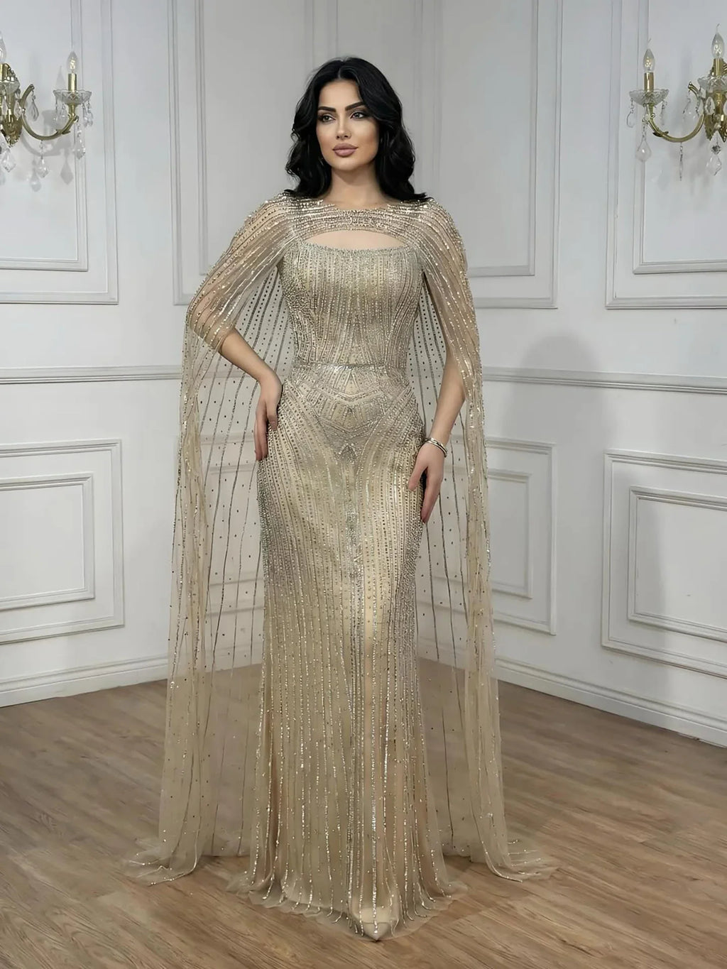Robe de soirée luxueuse diamant bleu avec cape LA73426