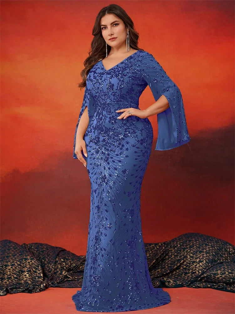 BLUEPLUM Plus Size Luxury Blue Evening Dresses Women 2025 Long Sleeve Mermaid Formal Sequins Prom Wedding Party Cocktail
