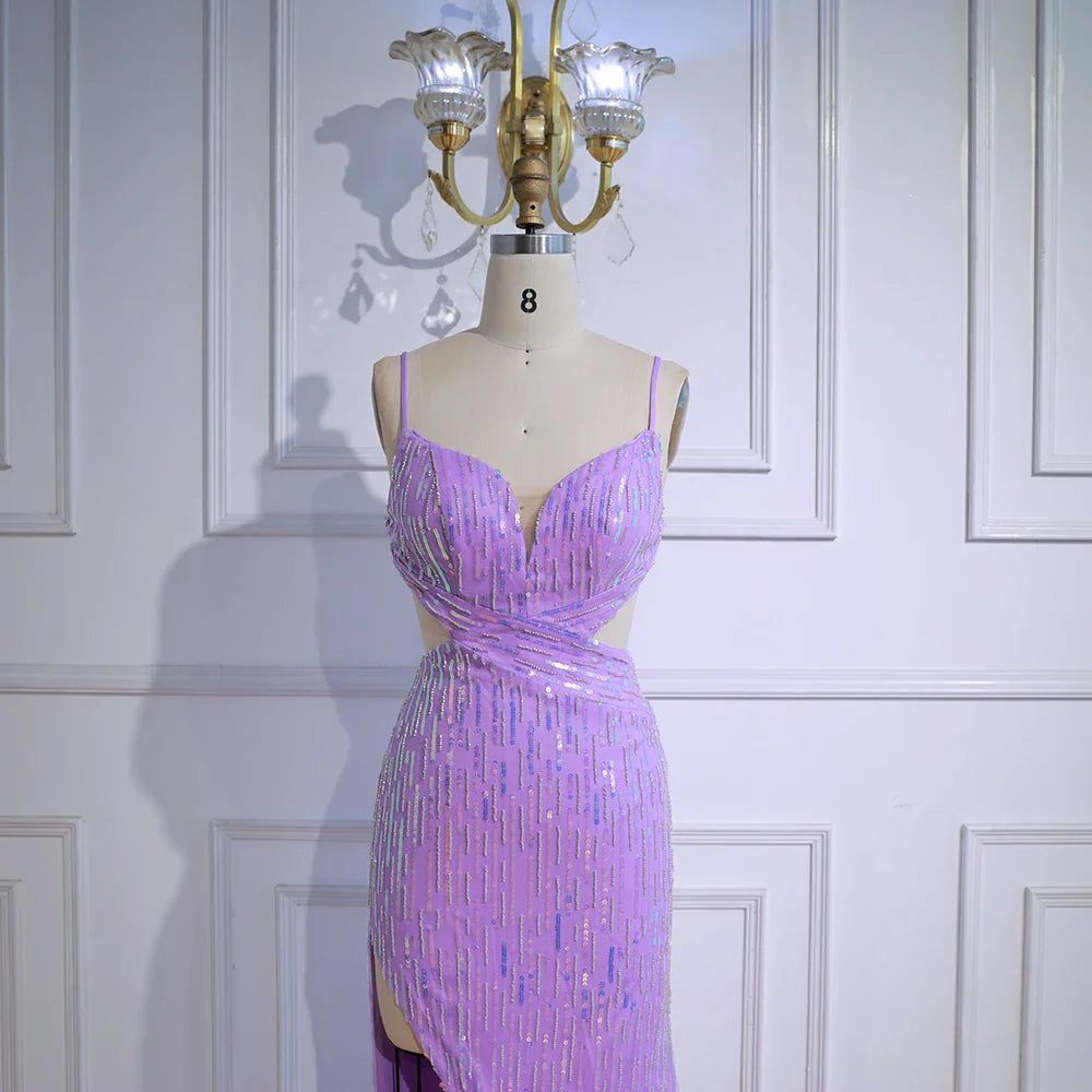 Abito da sera con paillettes lussuoso viola, con spacco e taglio in vita LA73000