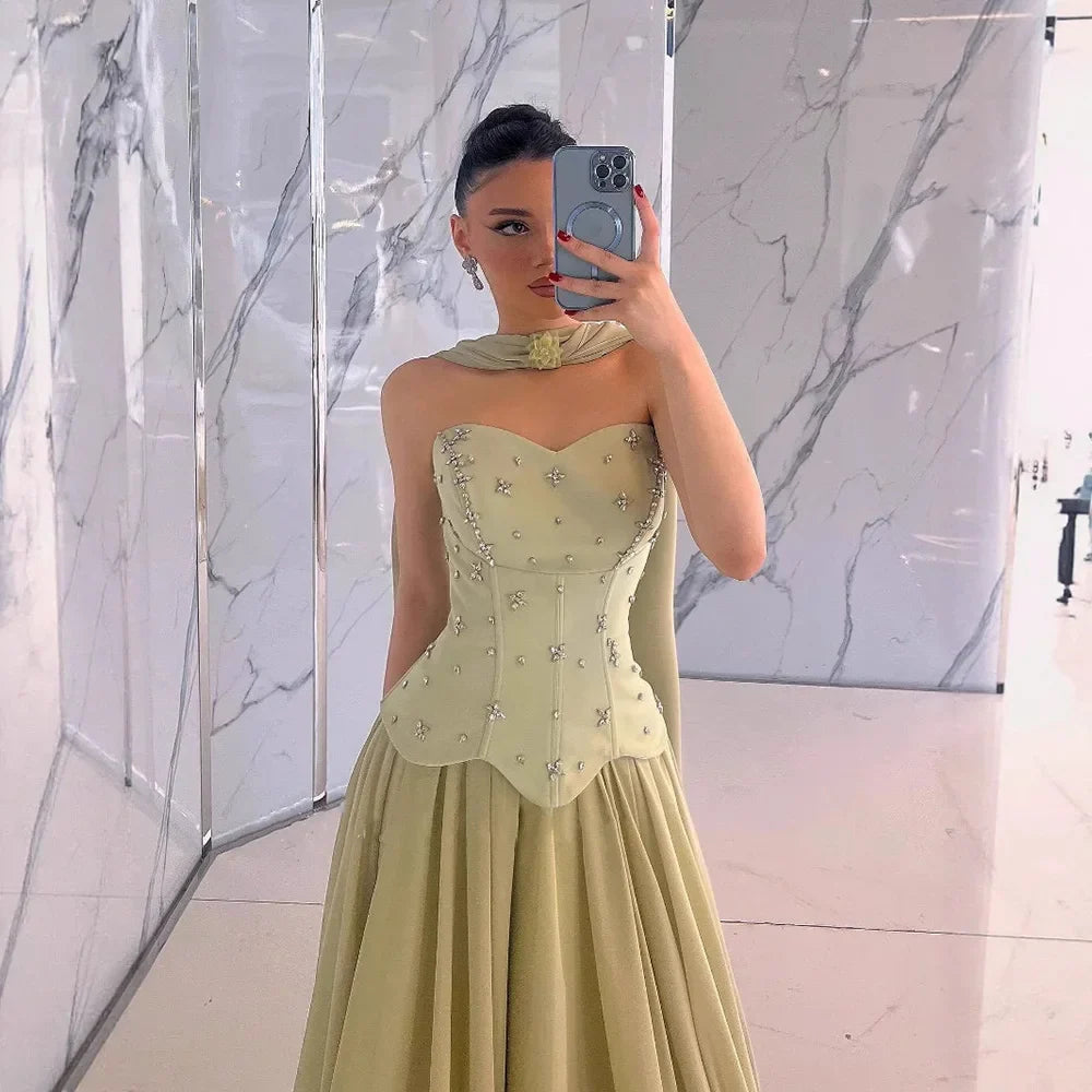 Classy Sage Green A-Line Chiffon Evening Dress LA73073