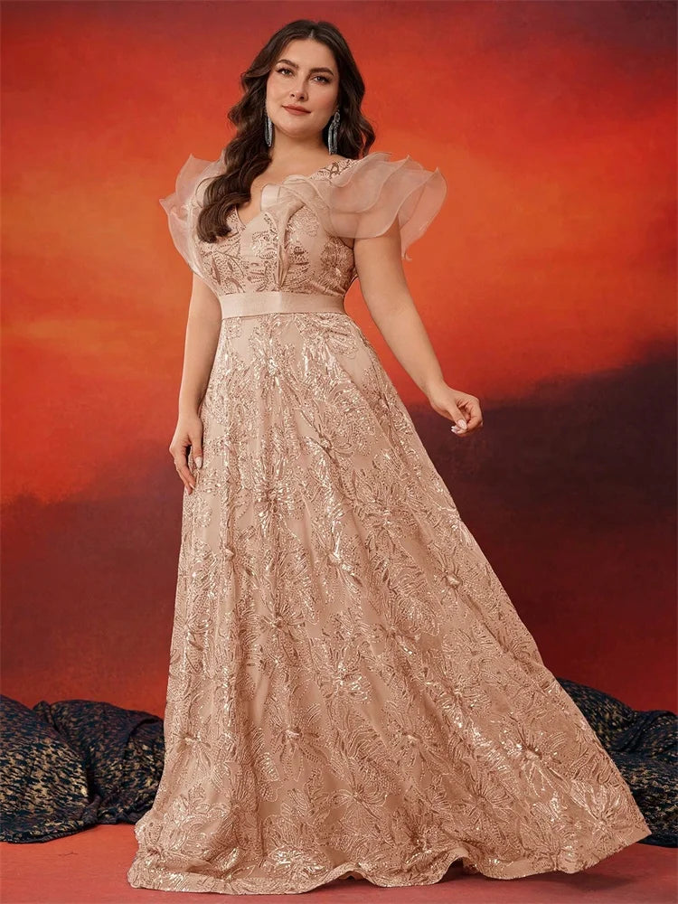 BLUEPLUM Plus Size Luxury V-Neck Grey Sequins Evening Dress Women Elegant V-back Wedding Party Long Prom Cocktail Dress 