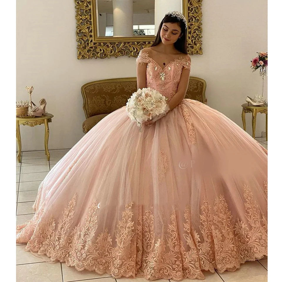 Customized Dresses 2026 Pink Off The Shoulder For Ball Gown Princess Appliques Tulle Birthday Party Dress Vestidos De 15