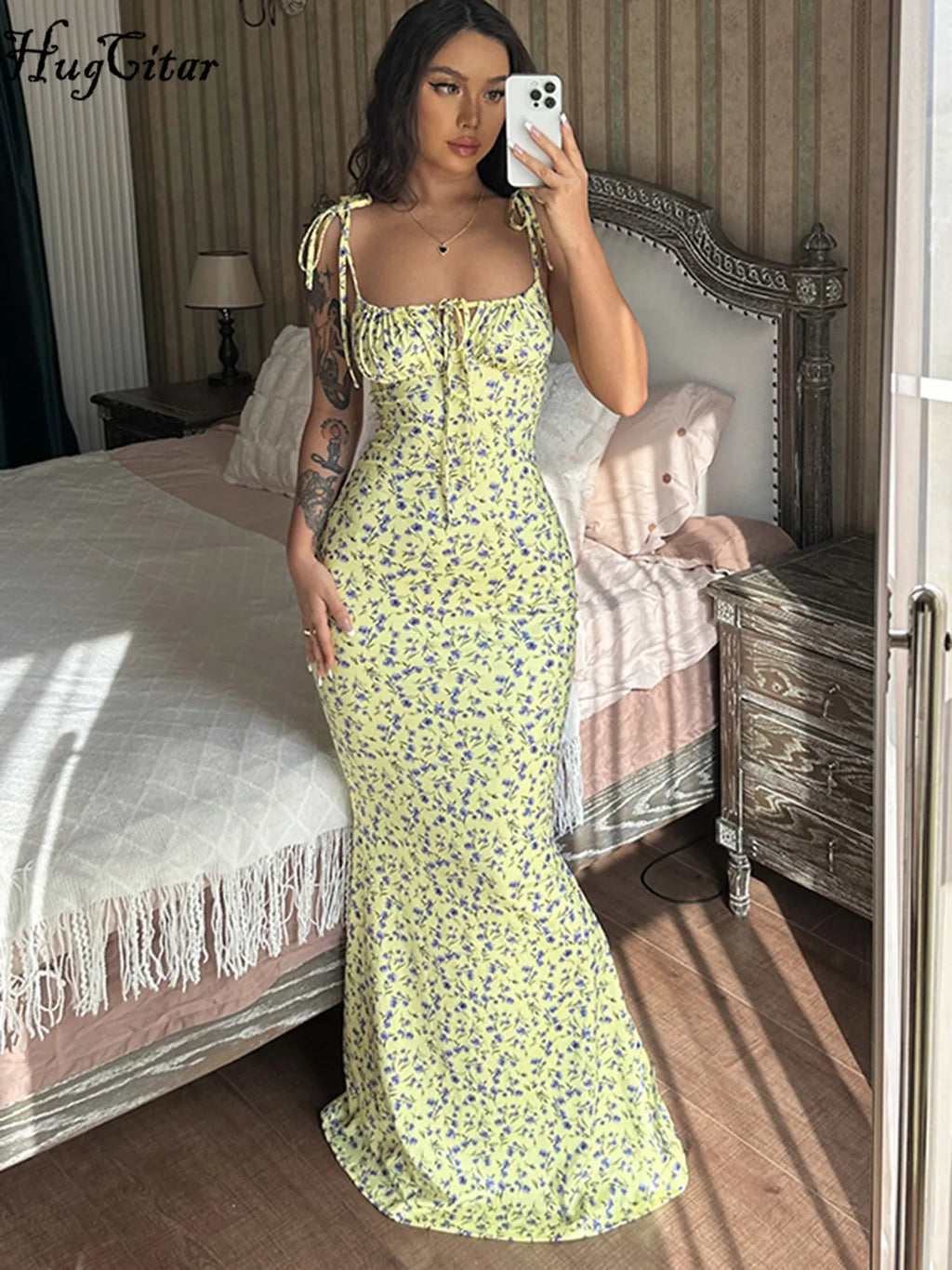 Hugcitar feminino elegante floral praia férias bodycon streetwear vestido longo 2023 roupas de verão artigos por atacado para negócios
