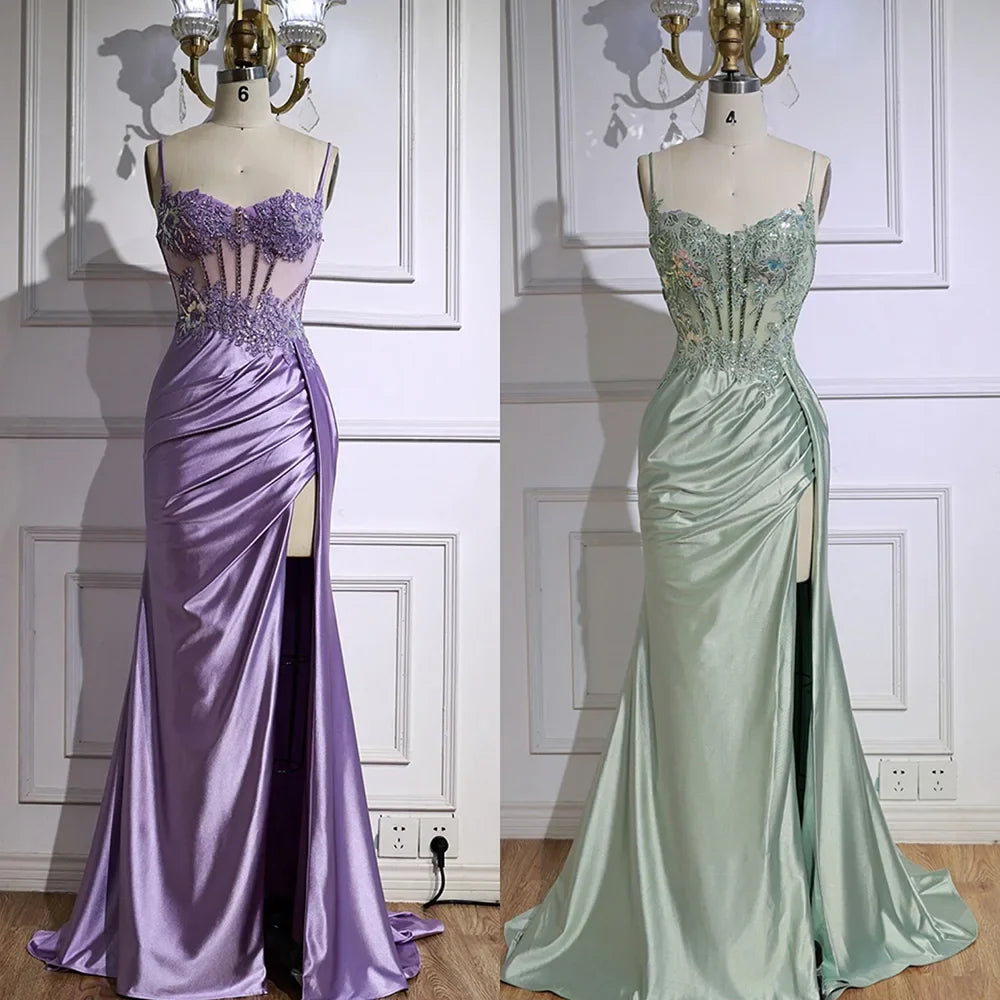Robe de bal en satin vert menthe luxueuse avec perles et fente LA72995