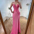 Abito da Ballo Sirena Lusso Rosa con Piume, Perline e Spacco LA72987
