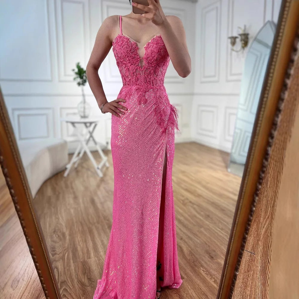 Robe de bal sirène en plumes roses de luxe avec fente et perles LA72987