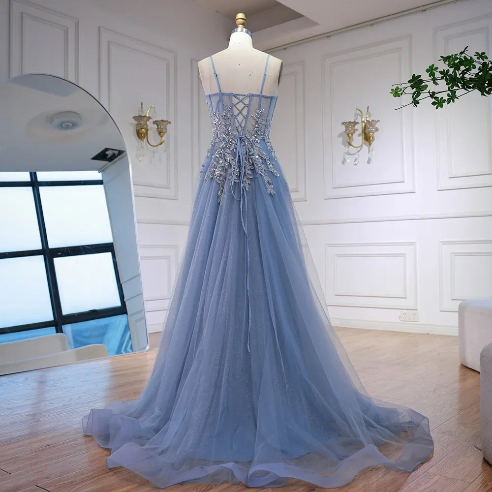 Abito da ballo in tulle grigio lusso a linea A con applicazioni floreali LA73015