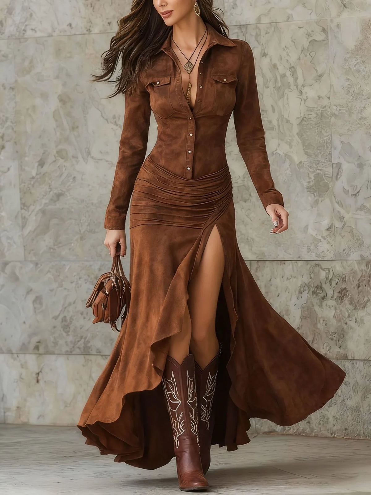 2026 Autumn/Winter Hot-Selling European and American Suede Slim-Fit Zipper Stand Collar Slit Long Dress