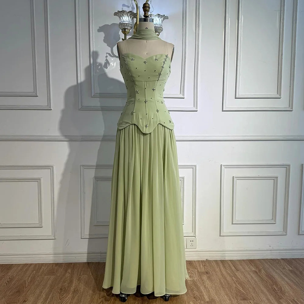 Classy Sage Green A-Line Chiffon Evening Dress LA73073