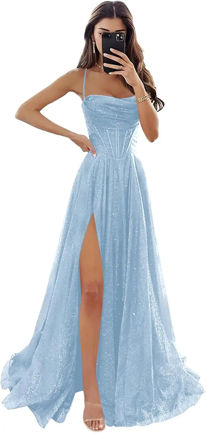 Damen Abendkleid mit Spaghettiträgern, glitzerndem Tüll, Schlitz, Wasserfallausschnitt, lang, festlich für Abendveranstaltungen
