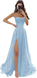 Damen Abendkleid mit Spaghettiträgern, glitzerndem Tüll, Schlitz, Wasserfallausschnitt, lang, festlich für Abendveranstaltungen