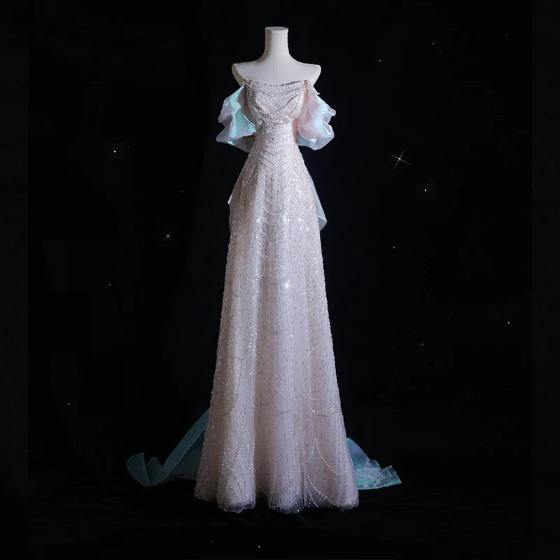 Luxuriöse elegante Perlenbesetzte Abendkleider 2025 Neue Schulter Pailletten Fischschwanzkleid Abschlussballkleid Hochzeitskleid Verlobungskleid