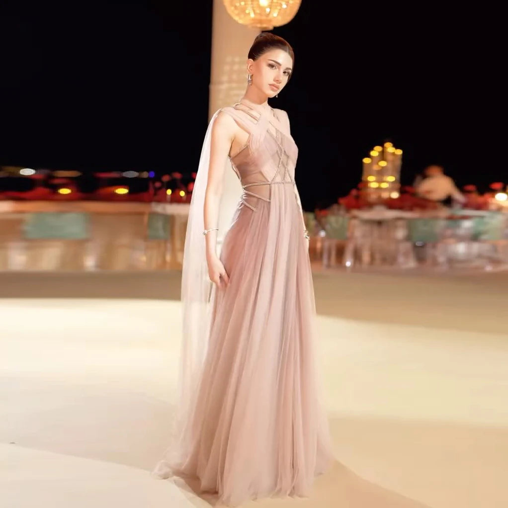 Sharon disse ombre rosa elegante vestido de noite com manga capa criss cross halter sem costas vestidos de festa femininos ss309 personalizado