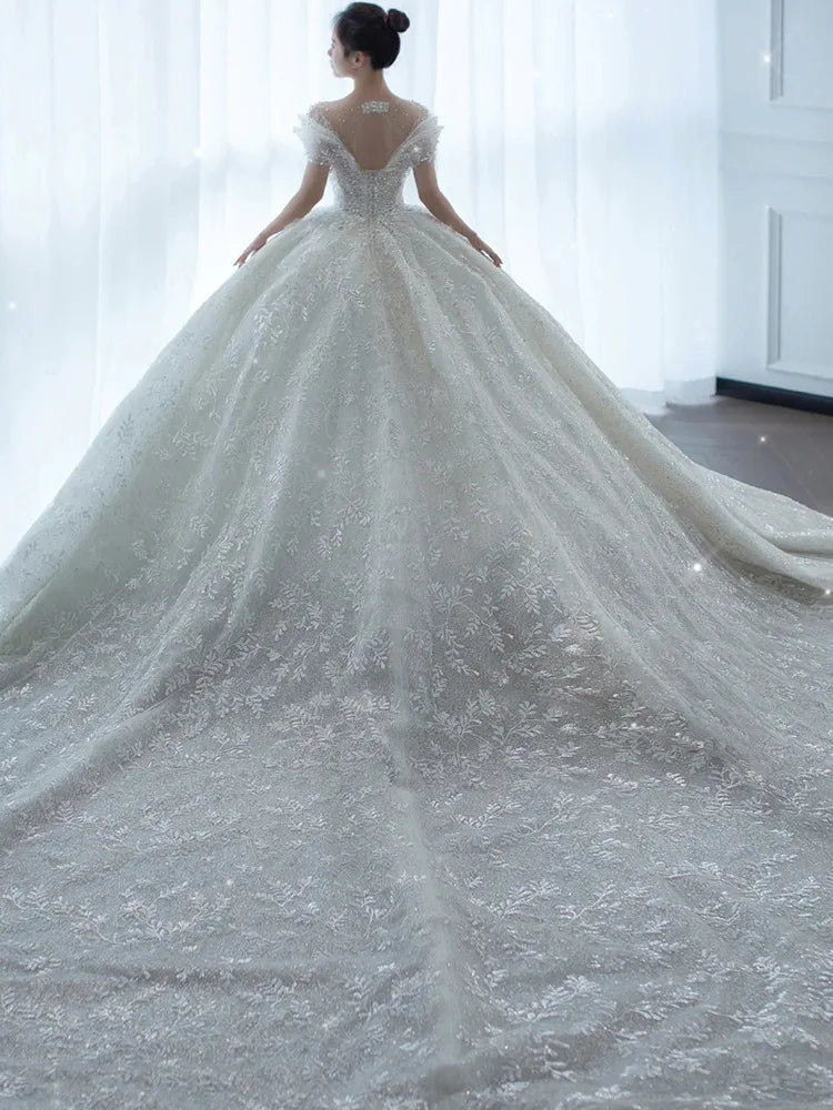 2025 Princess Sexy Luxury Crystal Beaded Wedding Dress Puff Tulle White Gown Bride Pregnant Women's High-end Gown with T