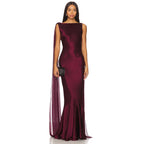 Burgundy Mermaid Women's Evening Gown Boat Neck Evening Dress For Wedding Sleeveless Long Backless Formal Dress