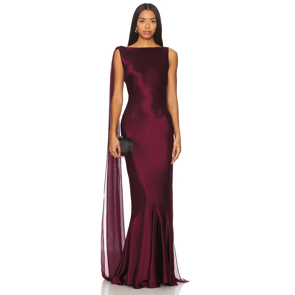 Burgundy Mermaid Women's Evening Gown Boat Neck Evening Dress For Wedding Sleeveless Long Backless Formal Dress