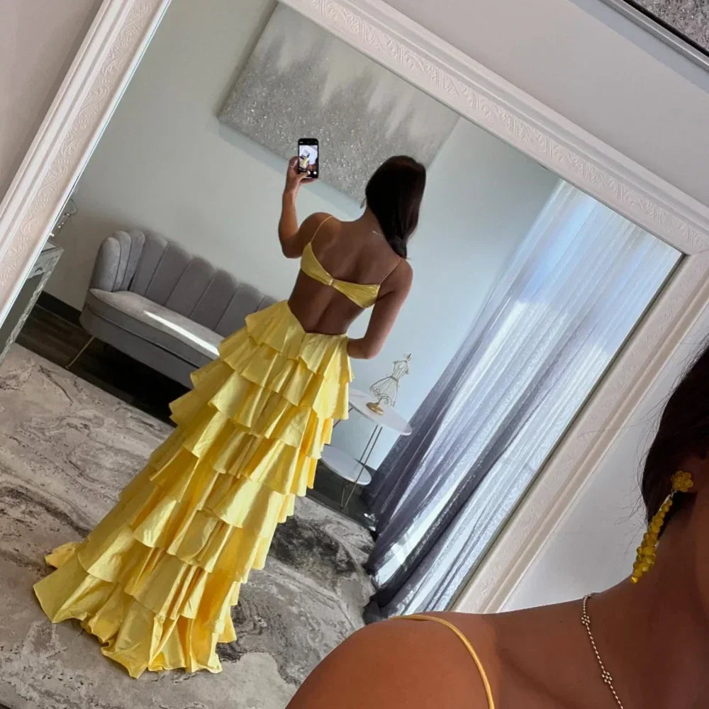 Customized Golden Emulation Silk Strapless Prom Dresses Backless vestidos de noche Floor-Length Sleeveless Formal Evenin