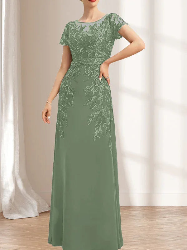 Vestido de madrina de novia con ilusión, corte columna y fajín, largo hasta el suelo, de encaje y gasa con lentejuelas