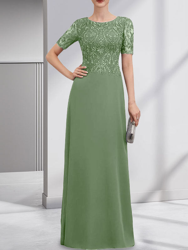 A-line Scoop Floor-Length Lace Chiffon Mother of the Bride Dress With Sequins