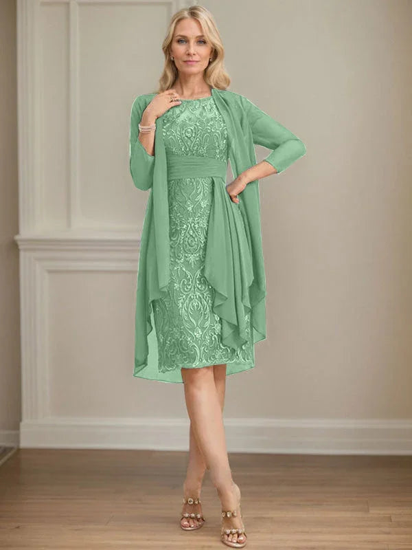 Etui/Säulenförmiges Kleid mit Illusion, knielang, aus Spitze und Chiffon, Brautmutterkleid mit herabfließenden Rüschen und Pailletten