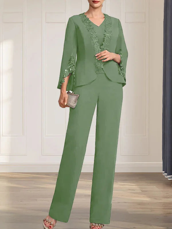 Getrennte Overall/Hosenanzug V-Ausschnitt bodenlanger Chiffon Brautmutterkleid