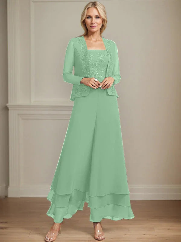 Getrennter Overall/Hosenanzug mit quadratischem Ausschnitt, knöchellang, aus Spitzenchiffon, Brautmutterkleid mit Pailletten