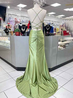 Yellow Satin Mermaid Prom Dress With Scoop Neck Beading Slit