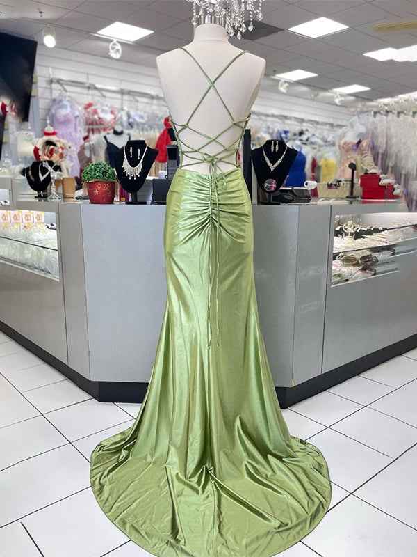 Yellow Satin Mermaid Prom Dress With Scoop Neck Beading Slit