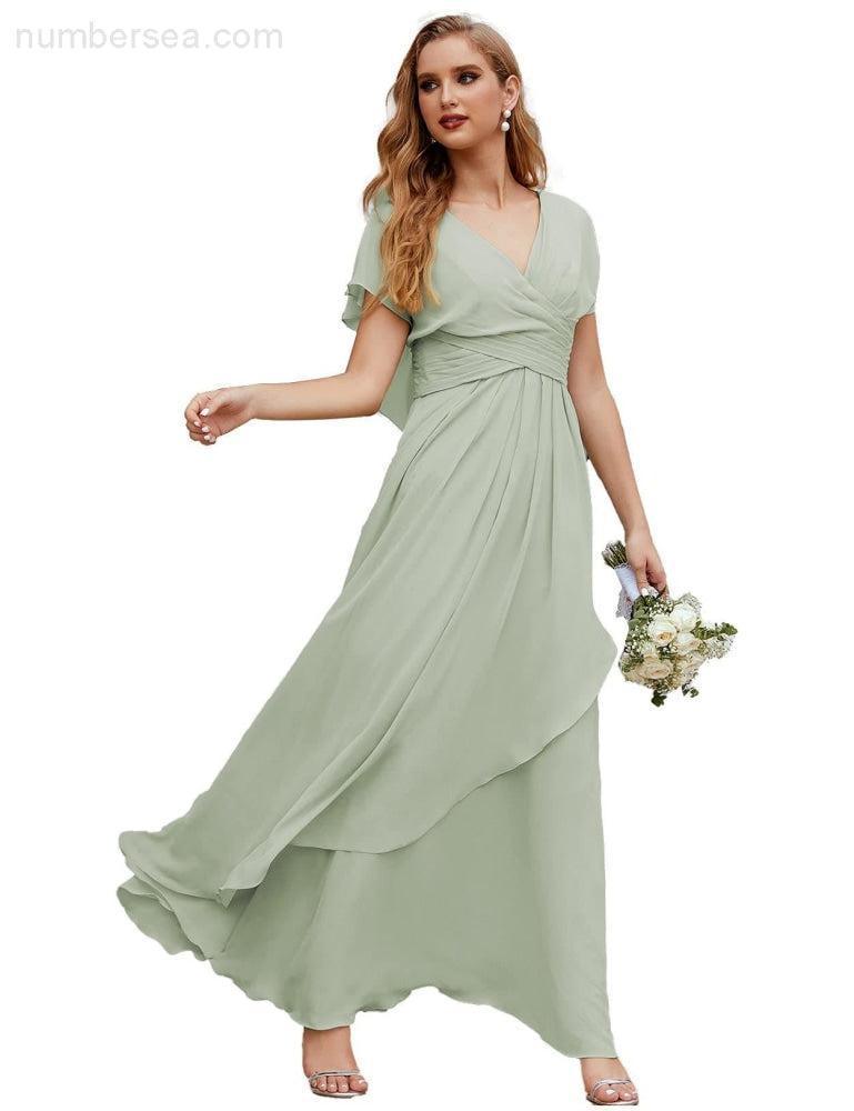 Chiffon Bridesmaid Dresses Long Formal Evening Prom Mother of The Bride Dress with Flutter Sleeve SEA28040