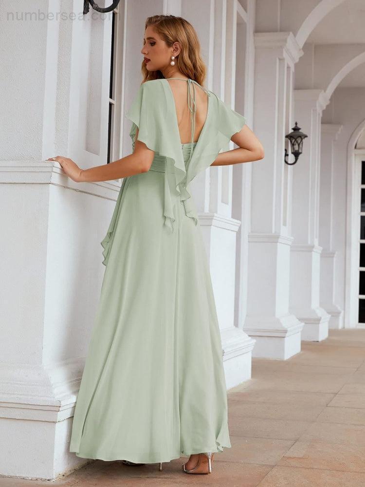Chiffon Bridesmaid Dresses Long Formal Evening Prom Mother of The Bride Dress with Flutter Sleeve SEA28040