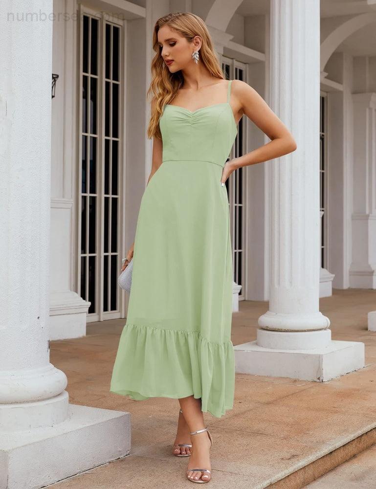 Numbersea Vestido de Dama de Honra em Chiffon com Alças Finas, Comprimento ao Tornozelo, Formal, Corte em A, para Cocktail e Festa de Regresso a Casa para Jovens SEA28028