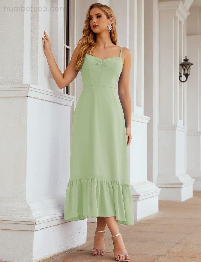 Numbersea Vestido de Dama de Honra em Chiffon com Alças Finas, Comprimento ao Tornozelo, Formal, Corte em A, para Cocktail e Festa de Regresso a Casa para Jovens SEA28028