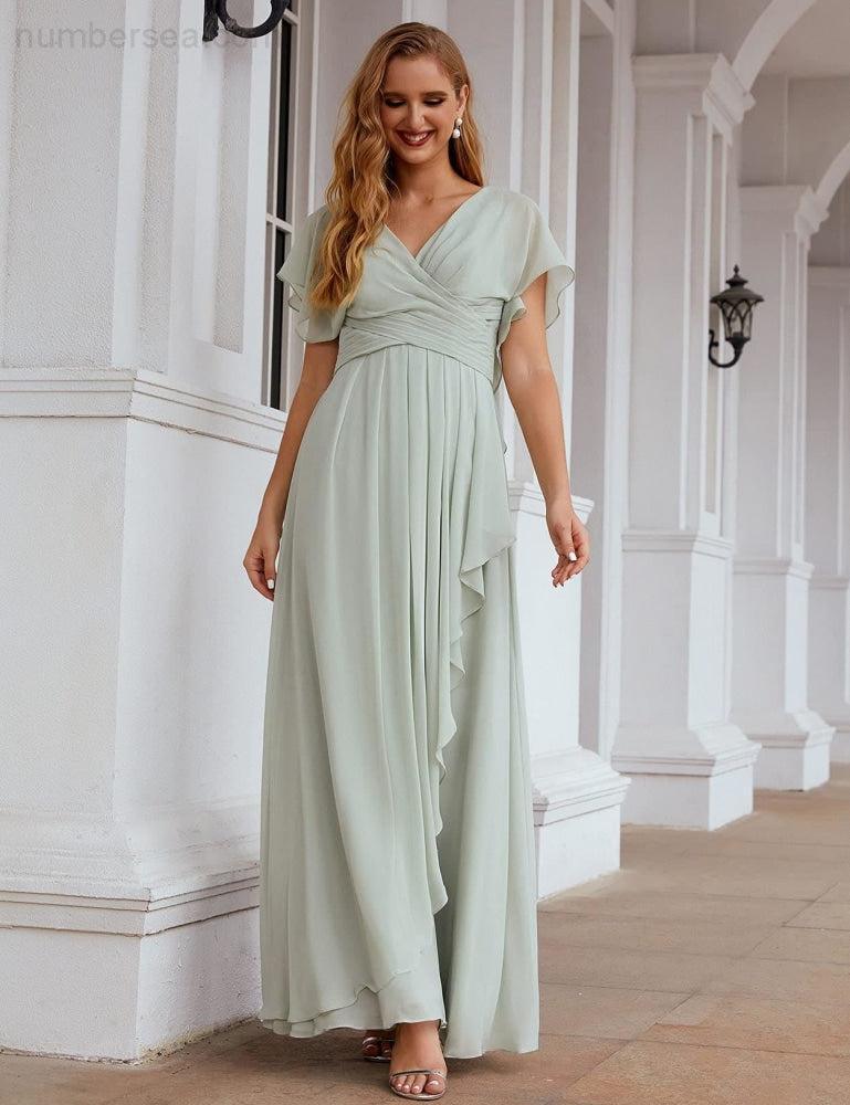 Chiffon Bridesmaid Dresses Long Formal Evening Prom Mother of The Bride Dress with Flutter Sleeve SEA28040