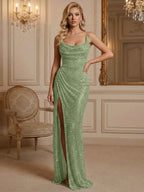 Silver Sequin Cowl Neck Ruched Long Prom Dress With High Slit