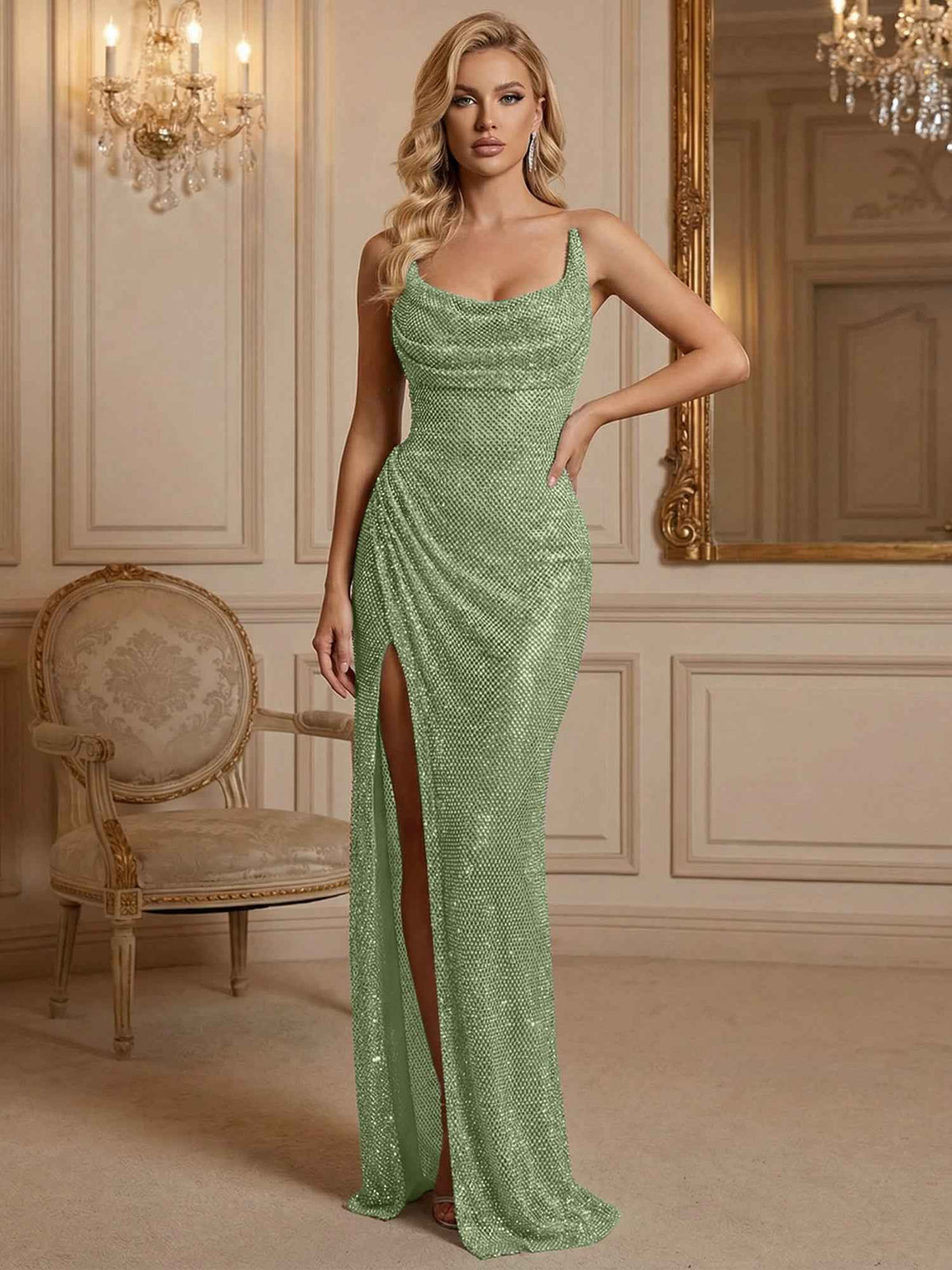 Silver Sequin Cowl Neck Ruched Long Prom Dress With High Slit