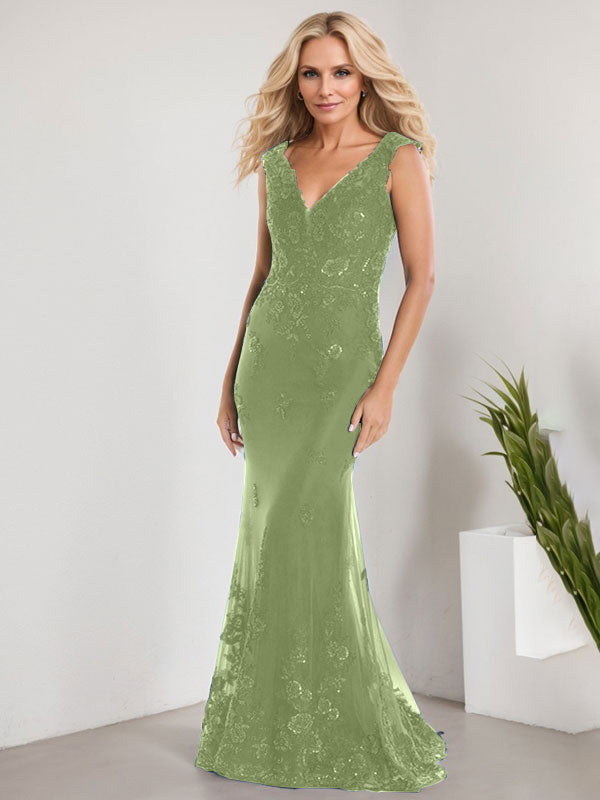 A-line V-Neck Floor-Length Lace Chiffon Mother of the Bride Dress With Applique Sequins Mermaid Dresses