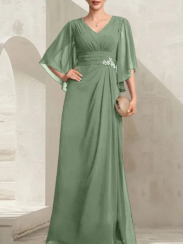 Vestido de madrina de novia de gasa largo hasta el suelo, corte columna y escote en V, con lentejuelas plisadas y abalorios