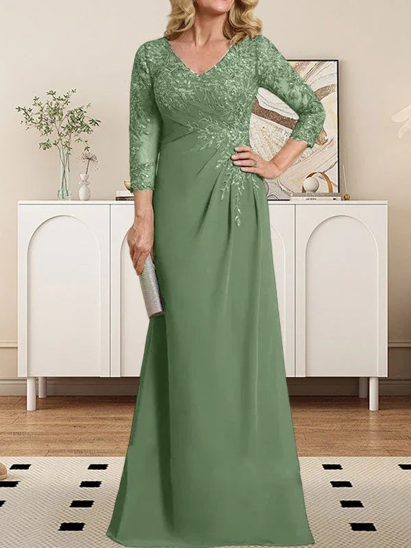 Vestido de madrina de novia con escote en V ilusión, corte columna, largo hasta el suelo, de encaje y gasa con lentejuelas plisadas