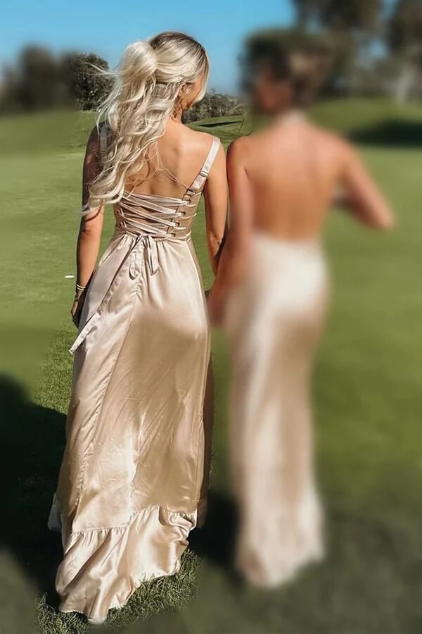 Robe longue de demoiselle d'honneur en satin, coupe trapèze, bretelles fines, laçage et fente