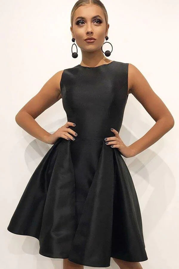 Vestidos de fiesta plisados ​​de satén con escote redondo y corte A, vestido de fiesta corto