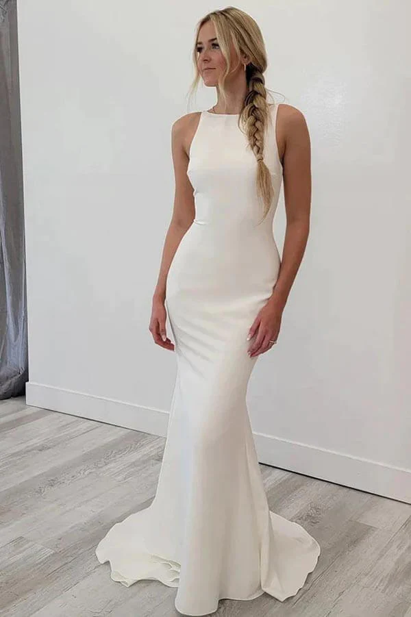Satin Meerjungfrau Open Back Strand Brautkleider Einfache Brautkleider