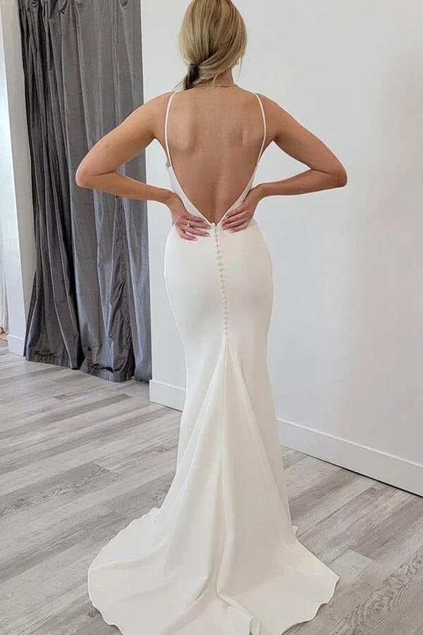 Robes de mariée simples en satin sirène dos nu pour plage