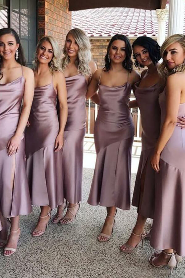 Robe de demoiselle d'honneur en satin, à bretelles fines, col bénitier, longueur thé
