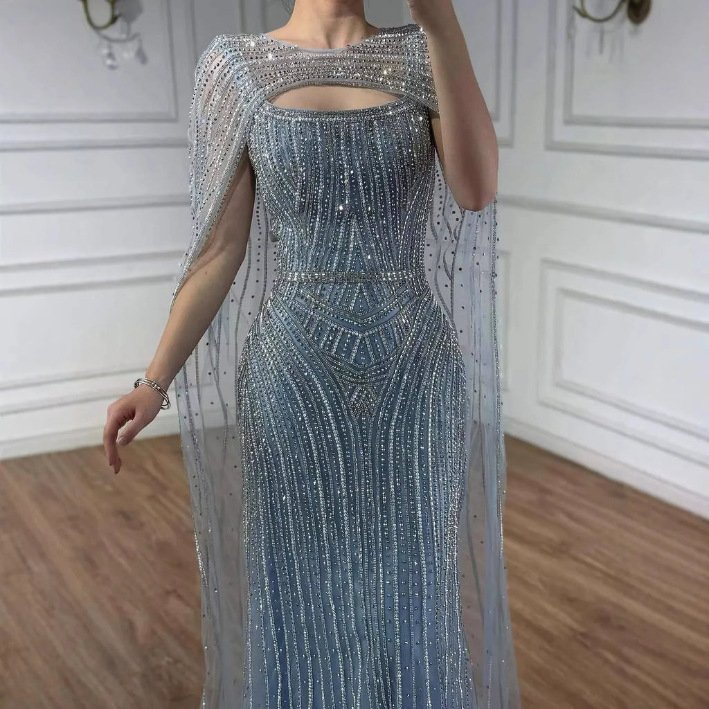 Robe de soirée luxueuse diamant bleu avec cape LA73426