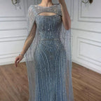 Robe de soirée luxueuse diamant bleu avec cape LA73426