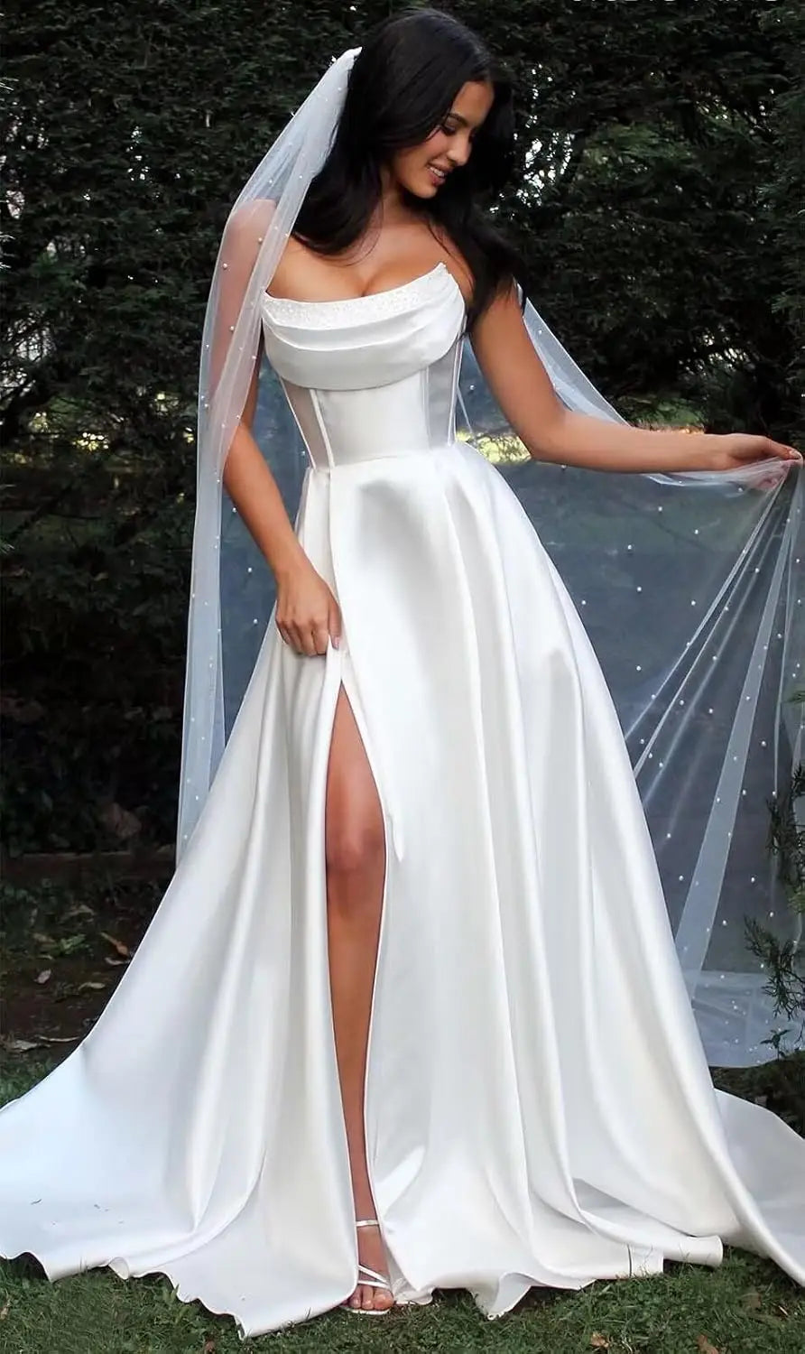 Strapless Corset Prom Dresses for Women with Slit Long Satin Formal Evening Gowns with Pockets Elegant Sleeveless Party Dress