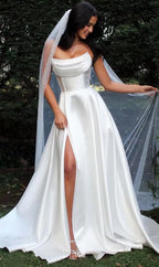 Strapless Corset Prom Dresses for Women with Slit Long Satin Formal Evening Gowns with Pockets Elegant Sleeveless Party Dress